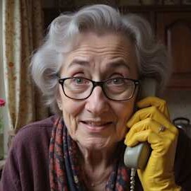 Daisy on a phone in the kitchen