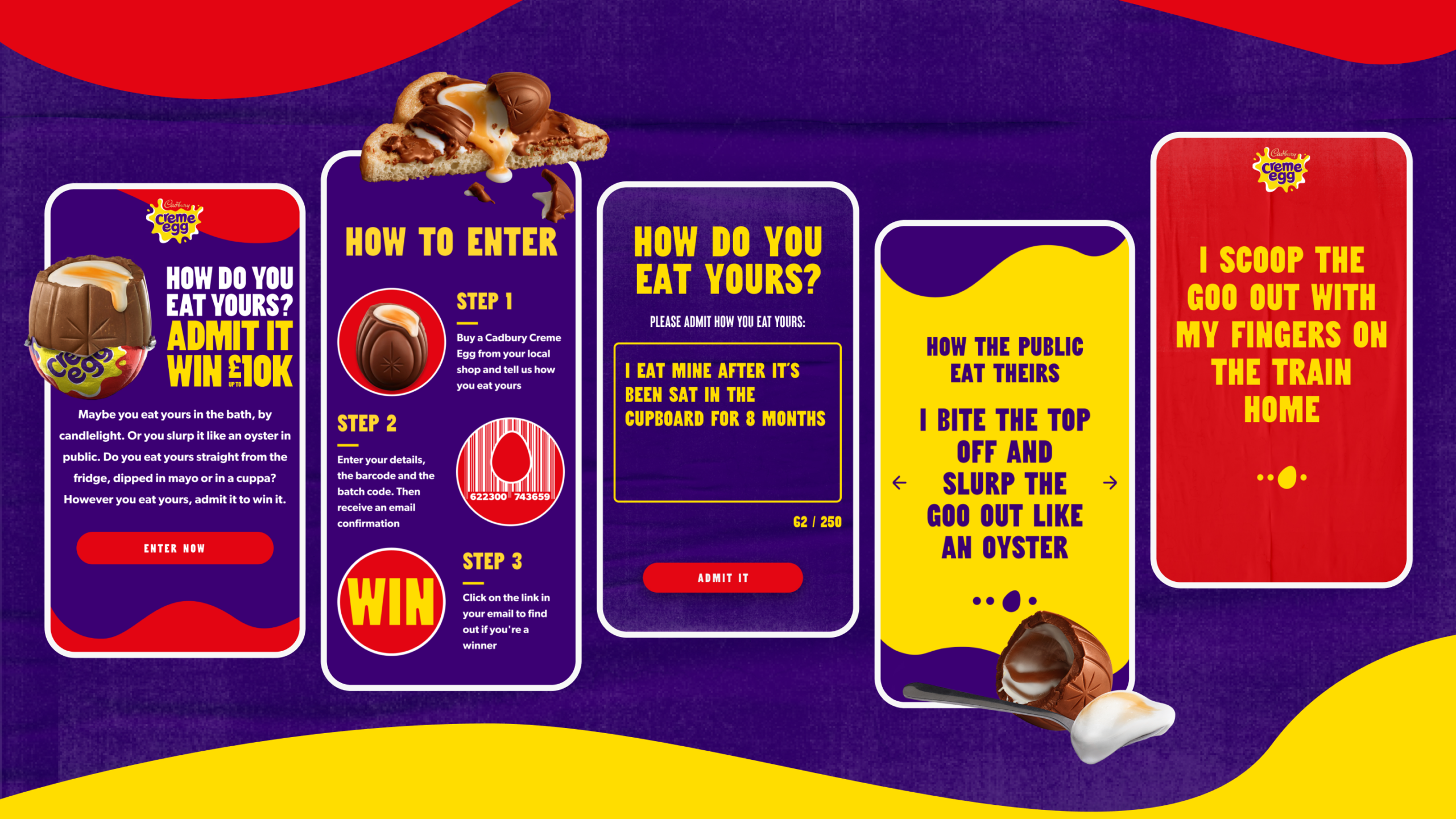 Colorful advertisement for Cadbury Creme Egg contest. Five panels with text on entering and personal eating styles, featuring Creme Egg images.
