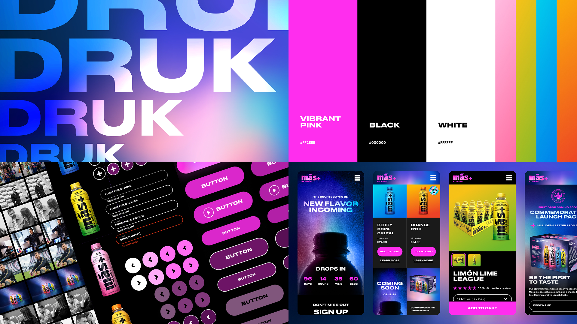 A vibrant design board featuring typography, color swatches, digital buttons, and beverage product images. The top-left displays the word 'DRUK' in large, bold, gradient lettering. Top-right shows vertical color swatches with labels like 'Vibrant Pink', 'Black', and 'White.' Bottom-left highlights product photos and digital button samples in black, pink, and purple. Bottom-right features colorful beverage product mockups with dynamic promotional text. A lively and energetic tone is conveyed through bright colors and modern design elements.