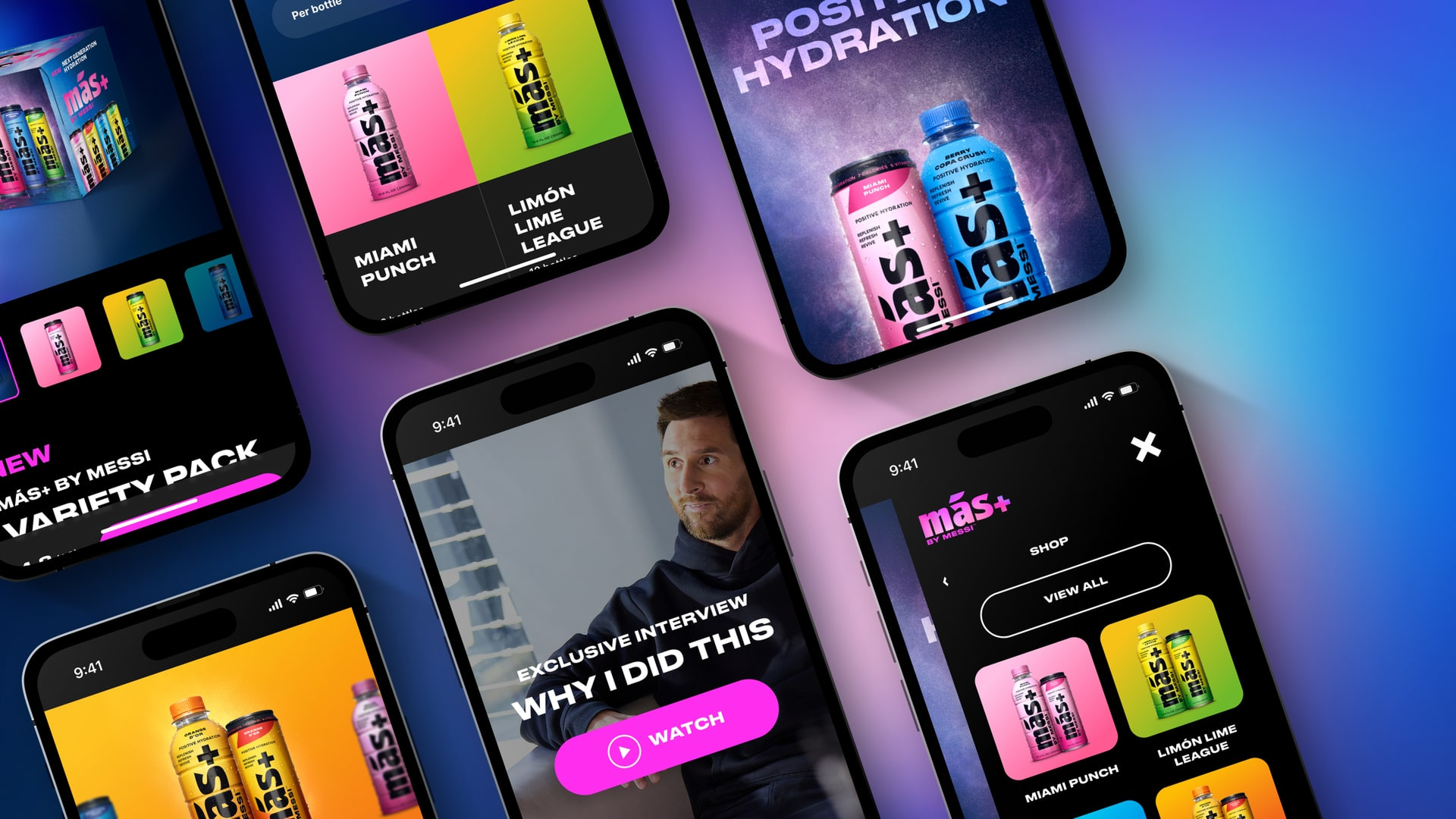 Mobile screens displaying vibrant sports drink ads feature colorful cans and a person in an interview. Keywords: hydration, variety pack, exclusive.