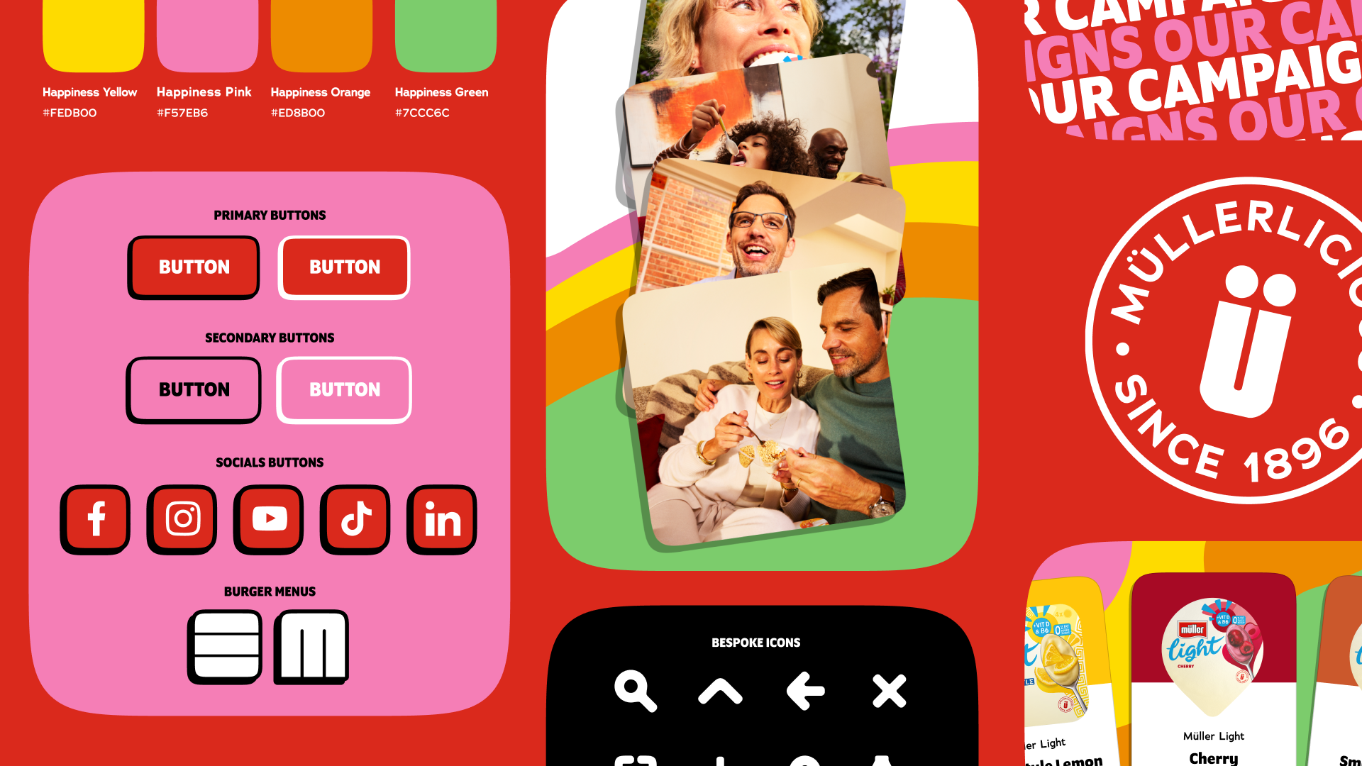 A colorful collage features UI buttons with vivid colors labeled Happiness Yellow, Pink, Orange, and Green. Social media icons are displayed below. To the right, cheerful photos are overlaid on a gradient background. The mood is lively and vibrant.