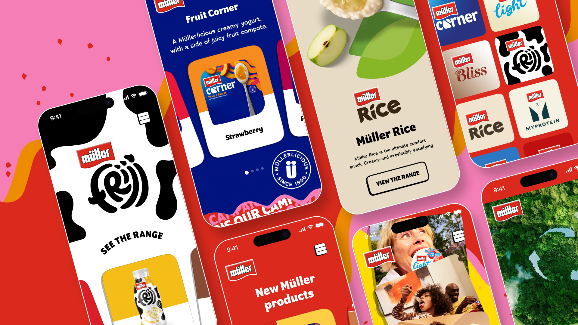 A collage of smartphone screens displaying colorful M&uuml;ller product advertisements. Includes yogurts, rice snacks, and a variety of new products. The tone is vibrant and engaging.