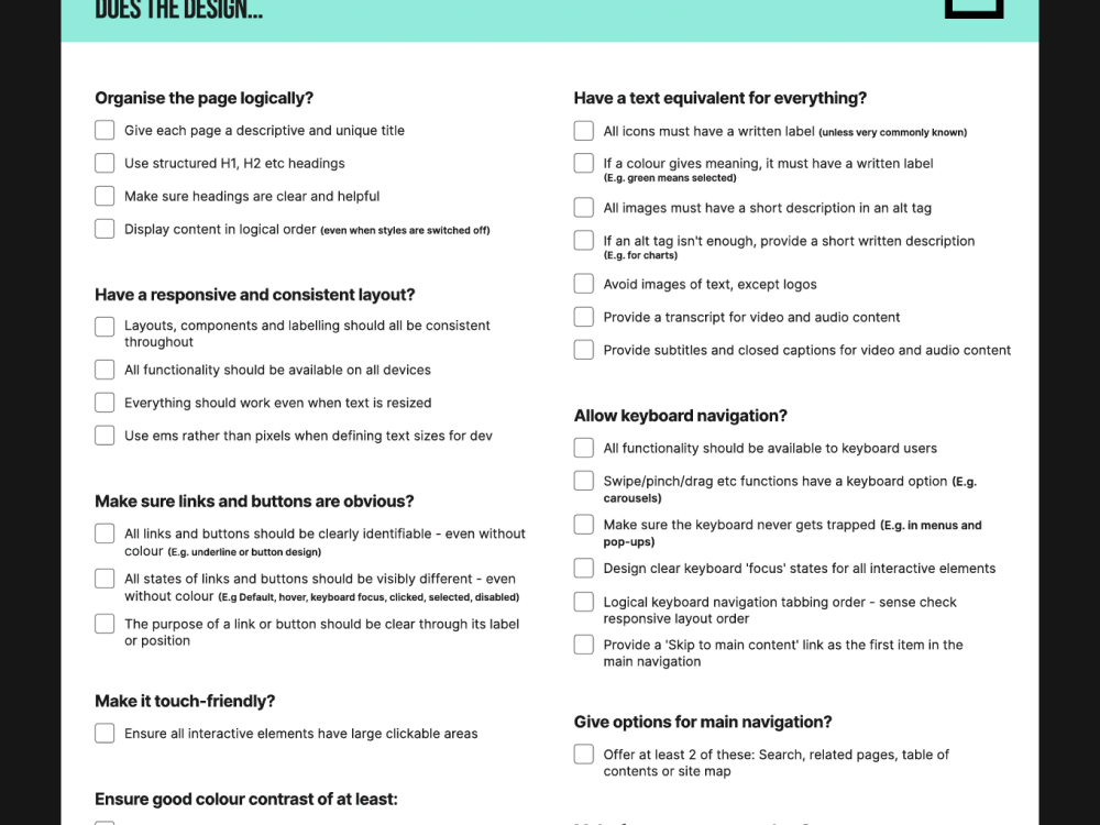 Checklist of 40 accessibility criteria across UX, UI, Copy, Video and Content Management