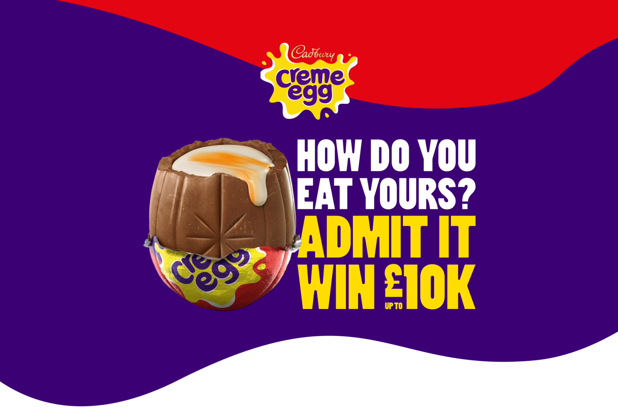 Cadbury Creme Egg with creamy filling against a bold red and purple background. Text reads: 