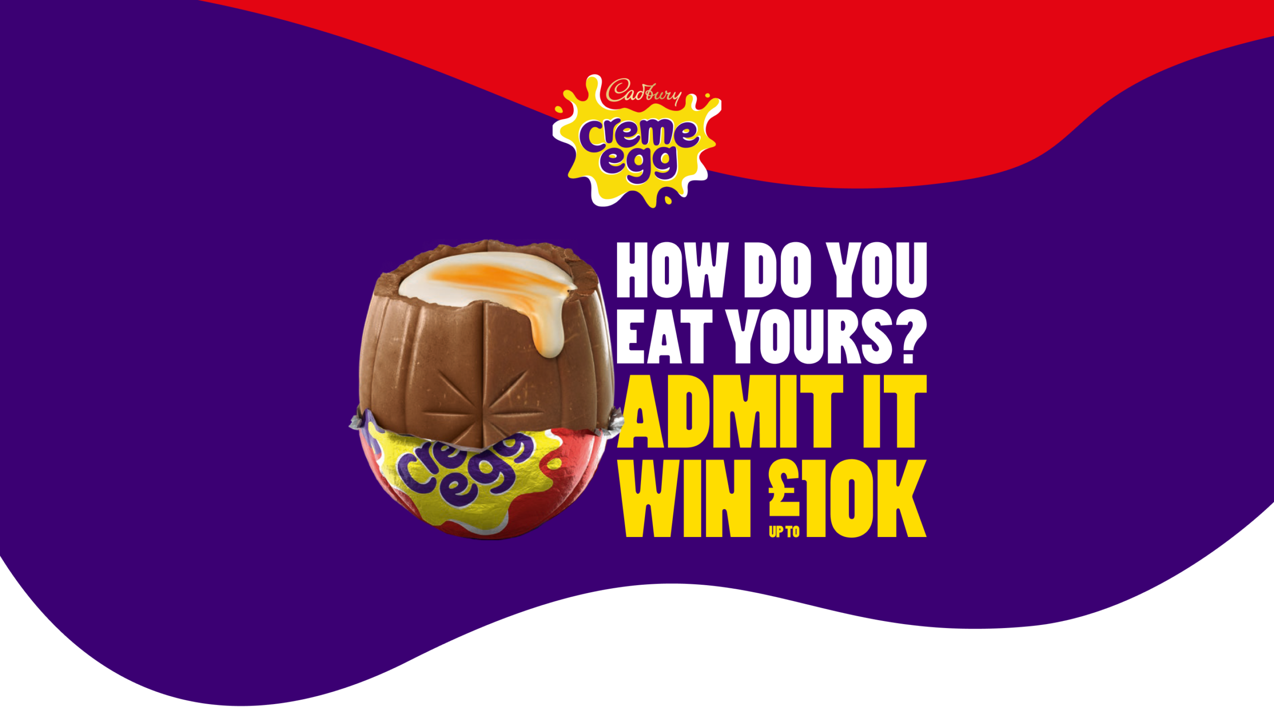 Cadbury Creme Egg with creamy filling against a bold red and purple background. Text reads: 