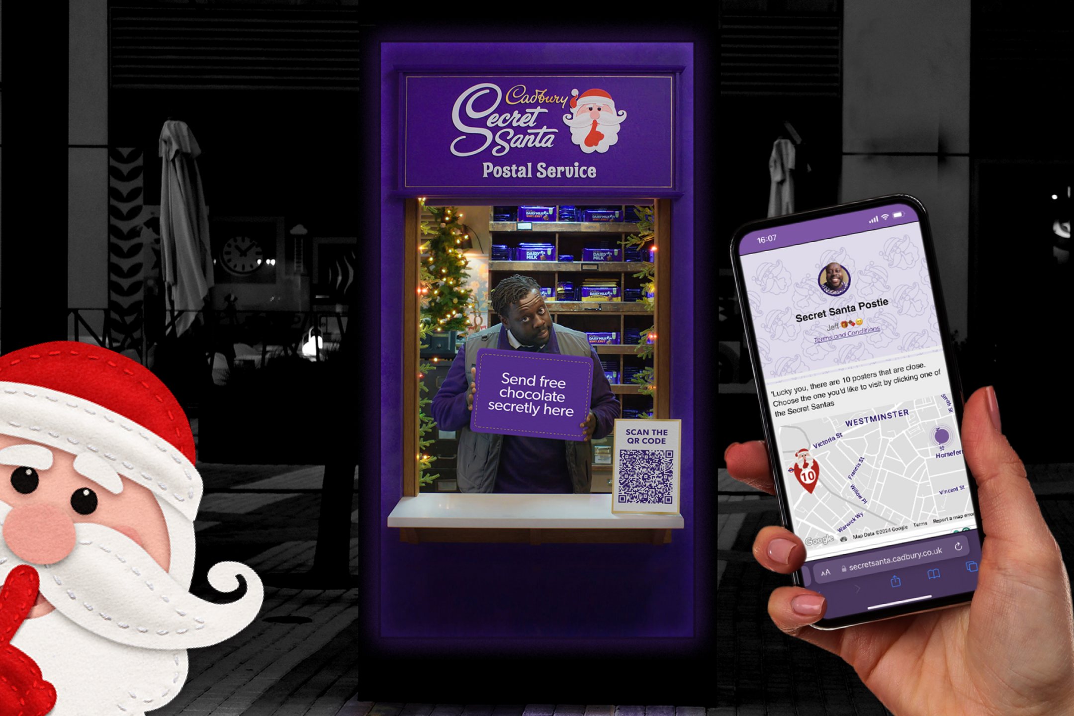A festive scene shows Cadbury's Secret Santa Postal Service booth, with a person inside and a smartphone displaying a map app. A Santa mascot on the left adds a playful touch.