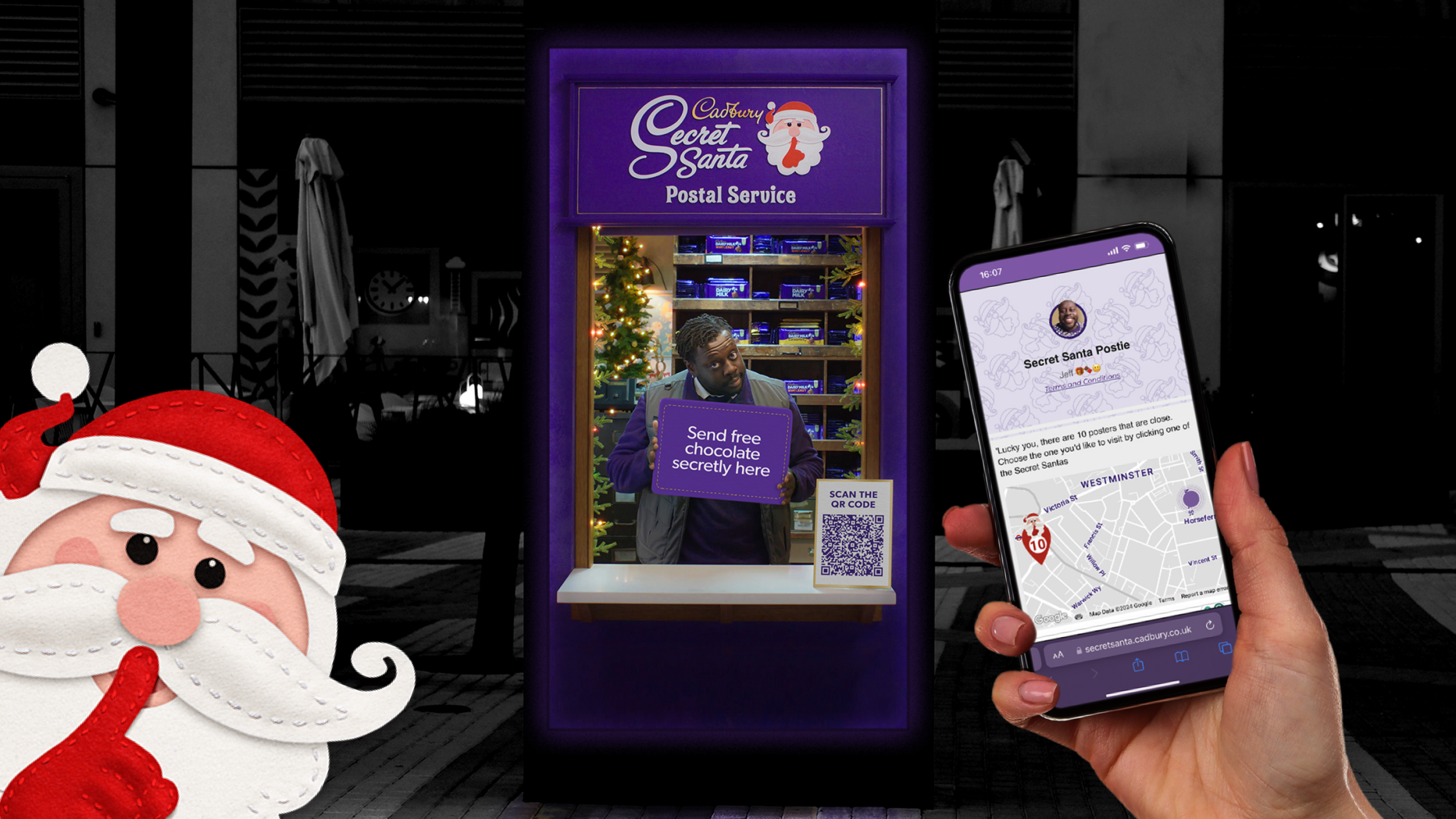 A festive scene shows Cadbury's Secret Santa Postal Service booth, with a person inside and a smartphone displaying a map app. A Santa mascot on the left adds a playful touch.