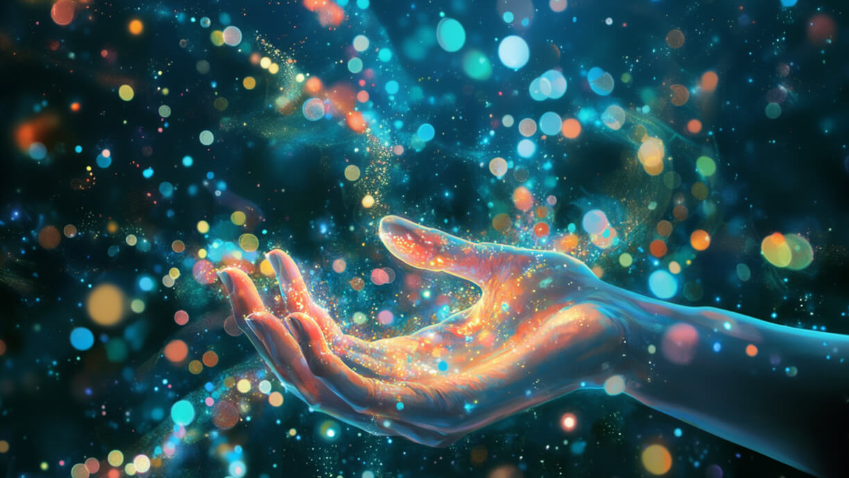 Abstract image of an outstretched hand catching glowing particles floating in the air - representing how people have a wide range of accessibility needs
