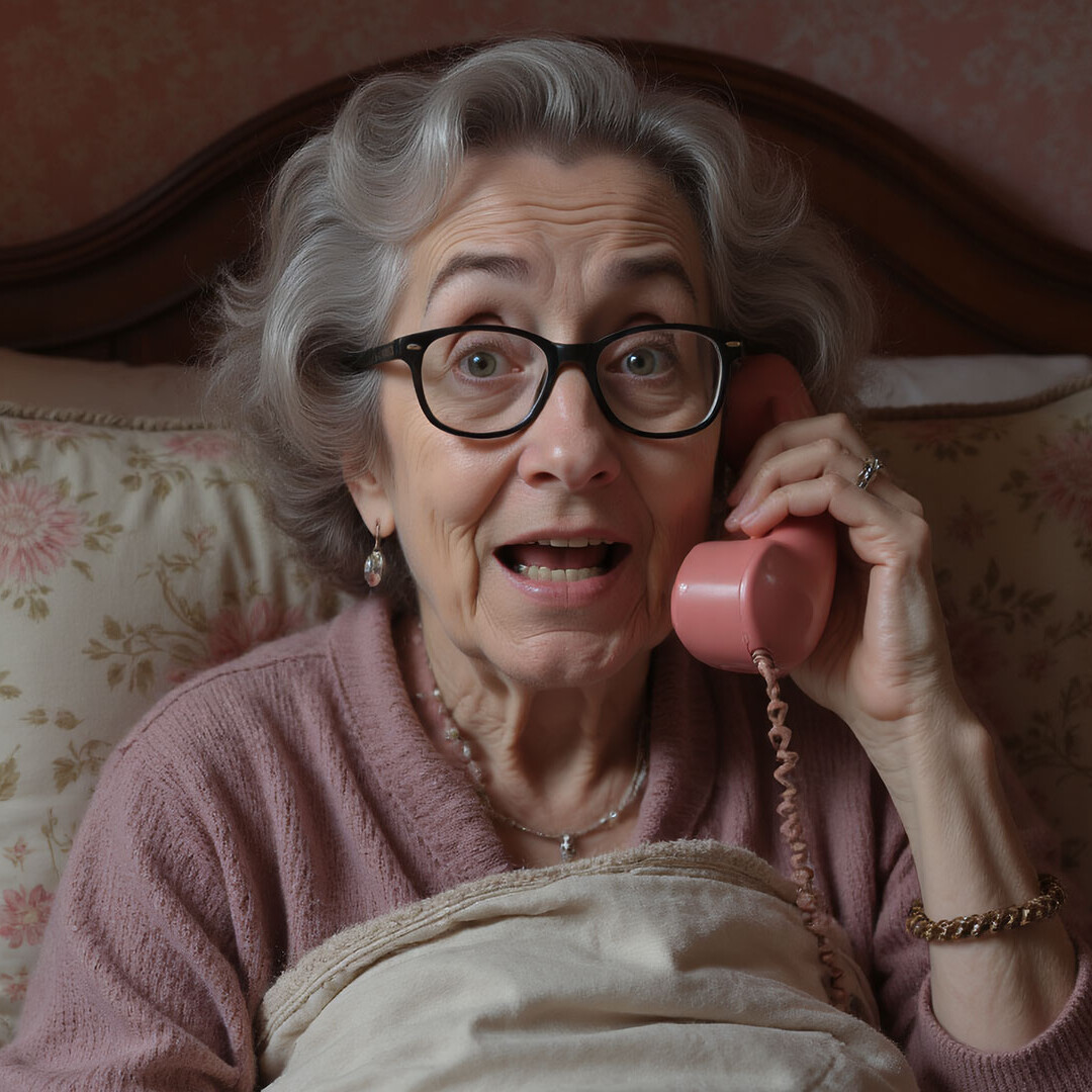 Daisy on a phone in bed