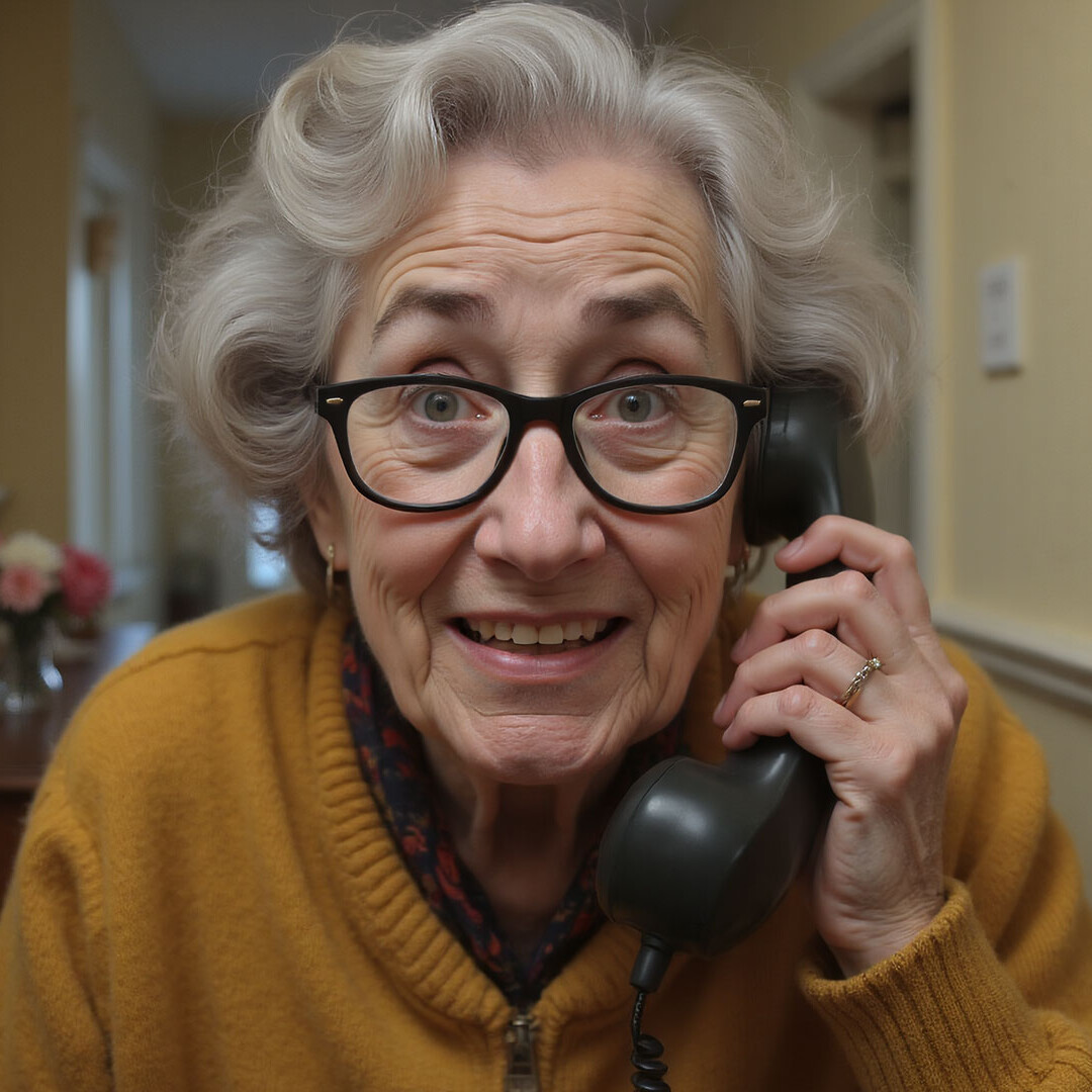 Daisy on a phone in the hallway