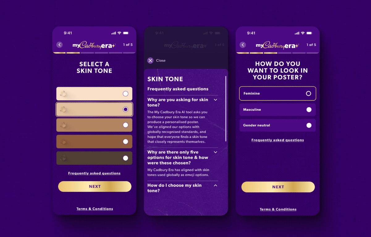 Inclusive skin tone and appearance options within the My Cadbury Era website